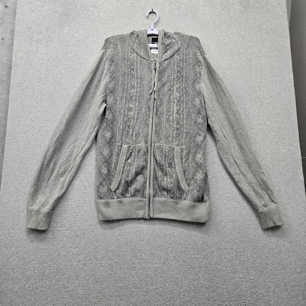 Zoo York Men Sweater L Gray Geometric Cable Knit Hooded Full Zip Drawstring